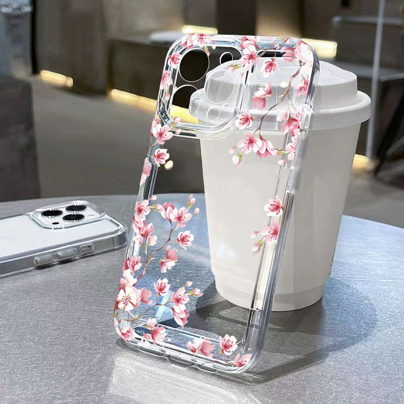 Phone Cases Transparent - Pembe Çiçek Desenli Şeffaf Telefon Kılıfı