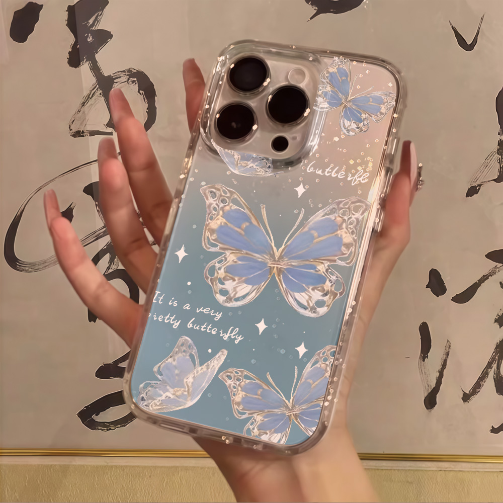 Phone Cases Transparent - Lüks Mavi Kelebek Şeffaf Simli Telefon